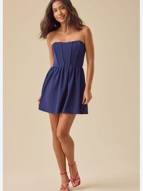 ALTAR’D STATE Cloe Coreset Strapless Mini Dress Navy Blue size Small *As-Is*